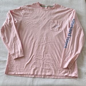 Vineyard Vines Pink Long-Sleeve Pocket Tee with Blue Sleeve Logo